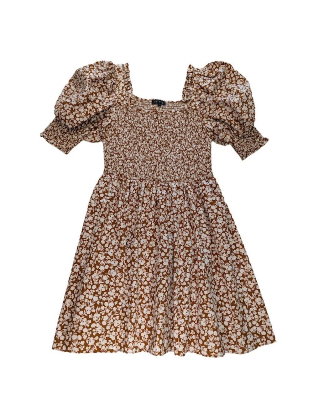 1.State Smocked Puff Sleeve Mini Dress in Brown and White Floral * Size 6